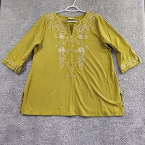 J Jill Size Large Mustard Yellow Embroidered Floral Top 3/4 Sleeve Tunic Peasant